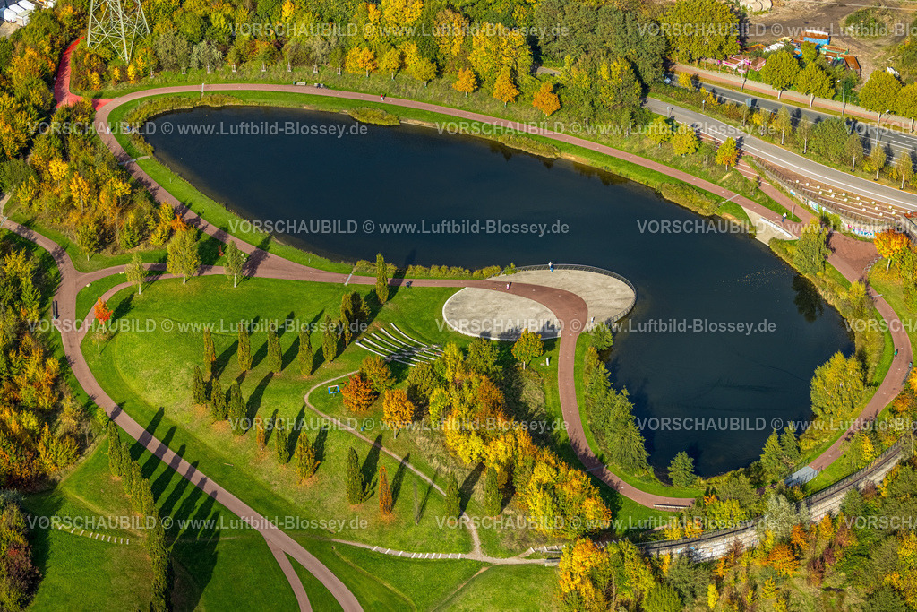 Essen251003323Mitte | Luftbild, Krupp-Park mit herbstlichen Bäumen und See, Formen und Farben, Westviertel, Essen, Ruhrgebiet, Nordrhein-Westfalen, Deutschland