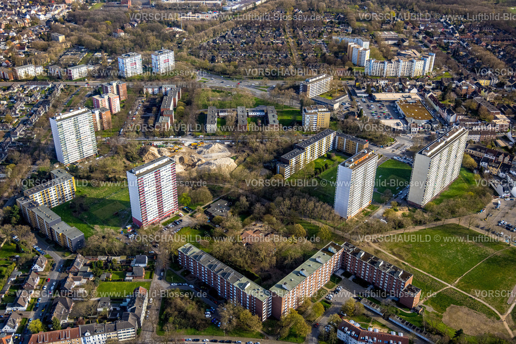 Duisburg230303104 | Luftbild, Hochhäuser in Hochheide, Wohnpark Hochheide, Die Weißen Riesen, Baustelle, Hochheide, Duisburg, Ruhrgebiet, Nordrhein-Westfalen, Deutschland