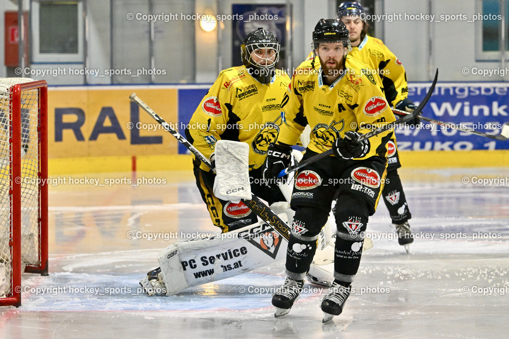 ESC Steindorf vs. EC Hornets Spittal 25.2.2024 | #70 Kronig Daniel EC Hornets Spittal, #1 Zauchner Rene EC Hornets Spittal, ESC Steindorf vs. EC Hornets Spittal 25.2.2024, ESC Steindorf vs. EC Hornets Spittal 25.2.2024 am 25.02.2024 in Steindorf (Ossiachersee Halle), Austria, (Photo by Bernd Stefan)