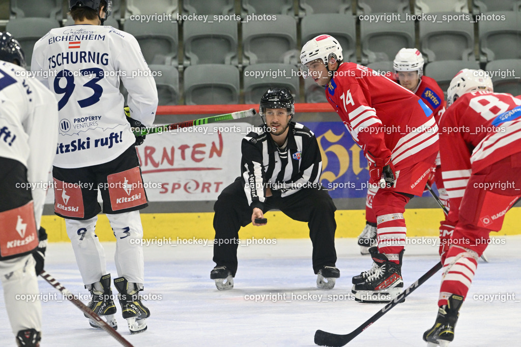 EC KAC Future Team vs. Die Adler Kitzbühl 7.10.2023 | #93 Tschurnig Johannes EC Kitzbühel, LEGAT Konrad Referee, #74 Klassek Stefan EC KAC FUTURE TEAM, EC KAC Future Team vs. Die Adler Kitzbühl 7.10.2023, EC KAC Future Team vs. Die Adler Kitzbühl am 07.10.2023 in Klagenfurt (Messehalle Klagenfurt), Austria, (Photo by Bernd Stefan)