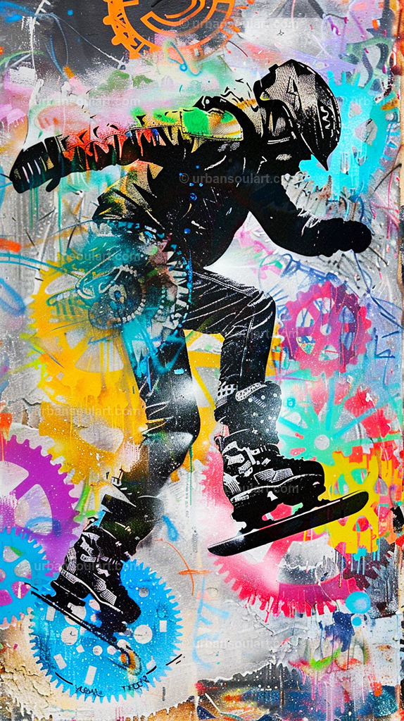Skater On Gears | An energetic depiction of a skater in motion with colorful gears and abstract elements. Perfect for fans of street art and action-packed decor. - Realisiert mit Pictrs.com
