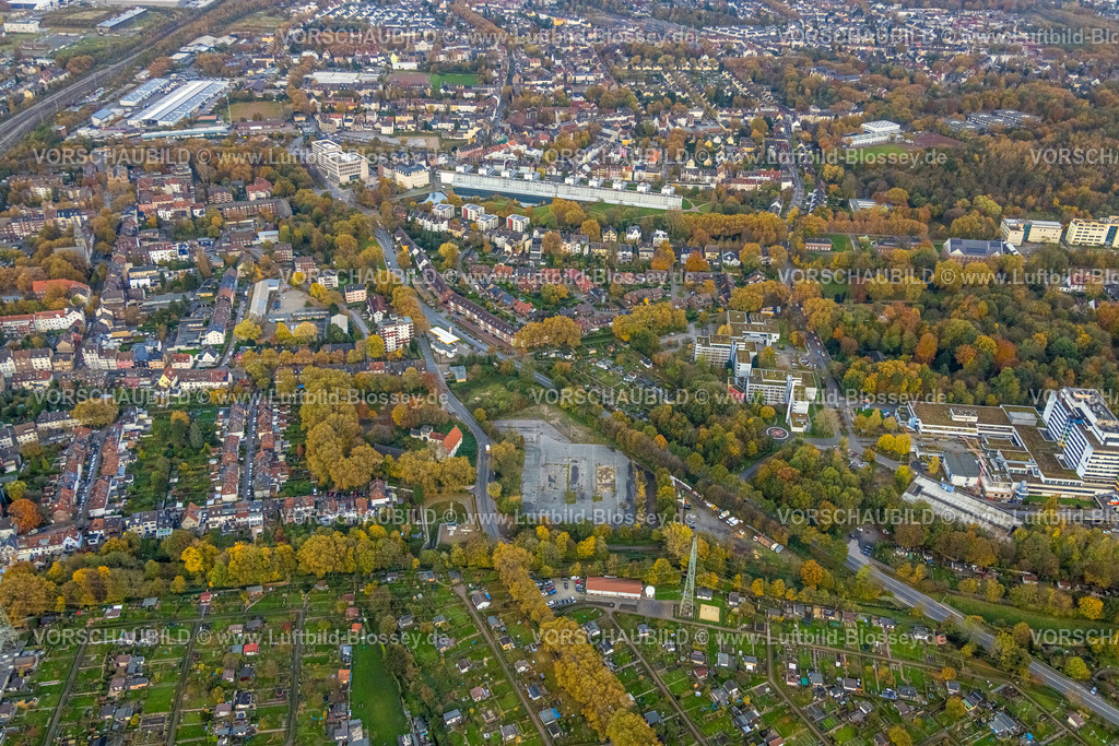 Gelsenkirchen231102895 | Luftbild, Brachfläche am Junkerweg, gegenüber das Haus Leithe ehemaliger Adelssitz und Sehenswürdigkeit, Marienhospital Gelsenkirchen und Wohngebiet umgeben von herbstlichen Laubbäumen, Neustadt, Gelsenkirchen, Ruhrgebiet, Nordrhein-Westfalen, Deutschland
