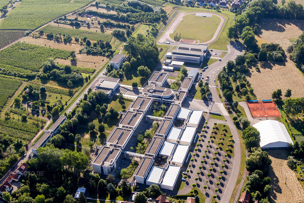 Luftbild: Schulgebäude des Gymnasium Lycée Stanislas im Ortsteil Altenstadt in Wissembourg im Bundesland Bas-Rhin in Frankreich. – Foto: IMG_083037.jpg vom 26.06.2015 durch Werner Riehm/FLY-FOTO.de – Auflösung des Originals: 4769 x 3180 px