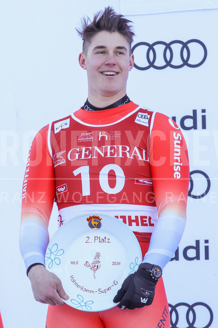 Audi FIS Ski World Cup: Men’s Slalom – Hahnenkamm Race, Kitzbuehel | Kitzbuehel, Austria, 25.Jan.26 - Alpine Skiing - FIS World Cup, Hahnenkamm Race, Slalom, men. The image shows VON ALLMEN Franjo (SUI, Head) with trophy.