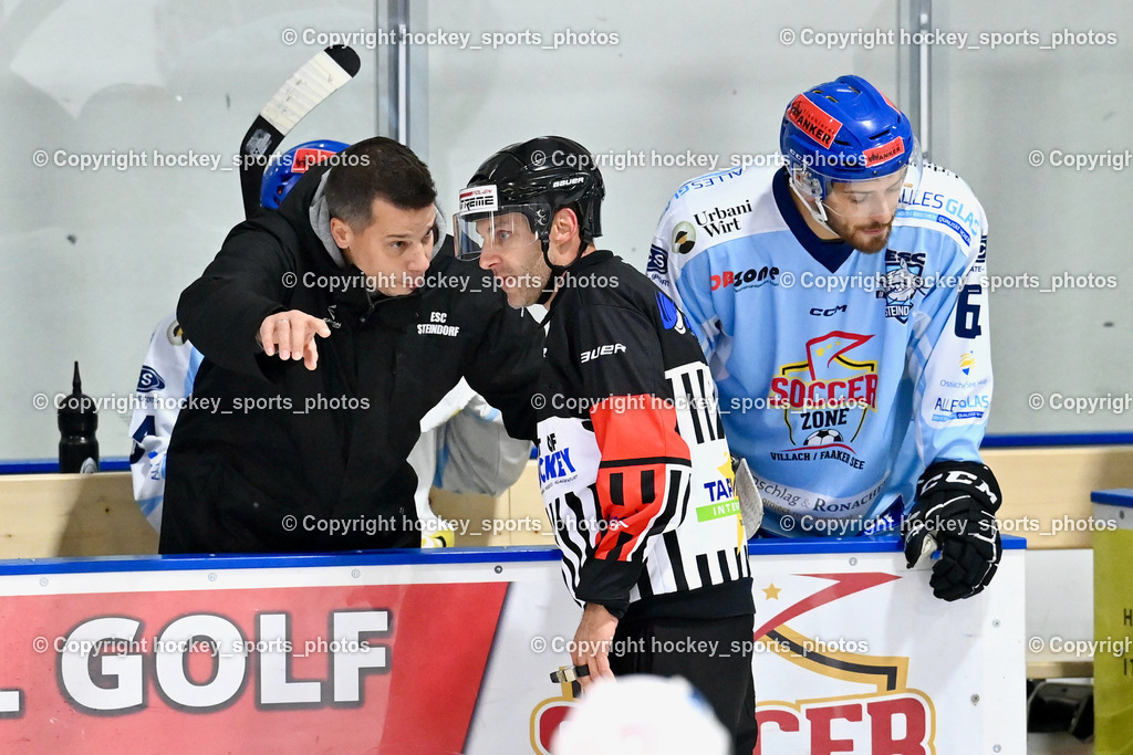 ESC Steindorf vs. EHC Althofen 4.11.2023 | Spielerbank ESC Steindorf, Headcoach ESC Steindorf MAYER Michael, Dreier Alexander Referee, #61 Friedrich Daniel