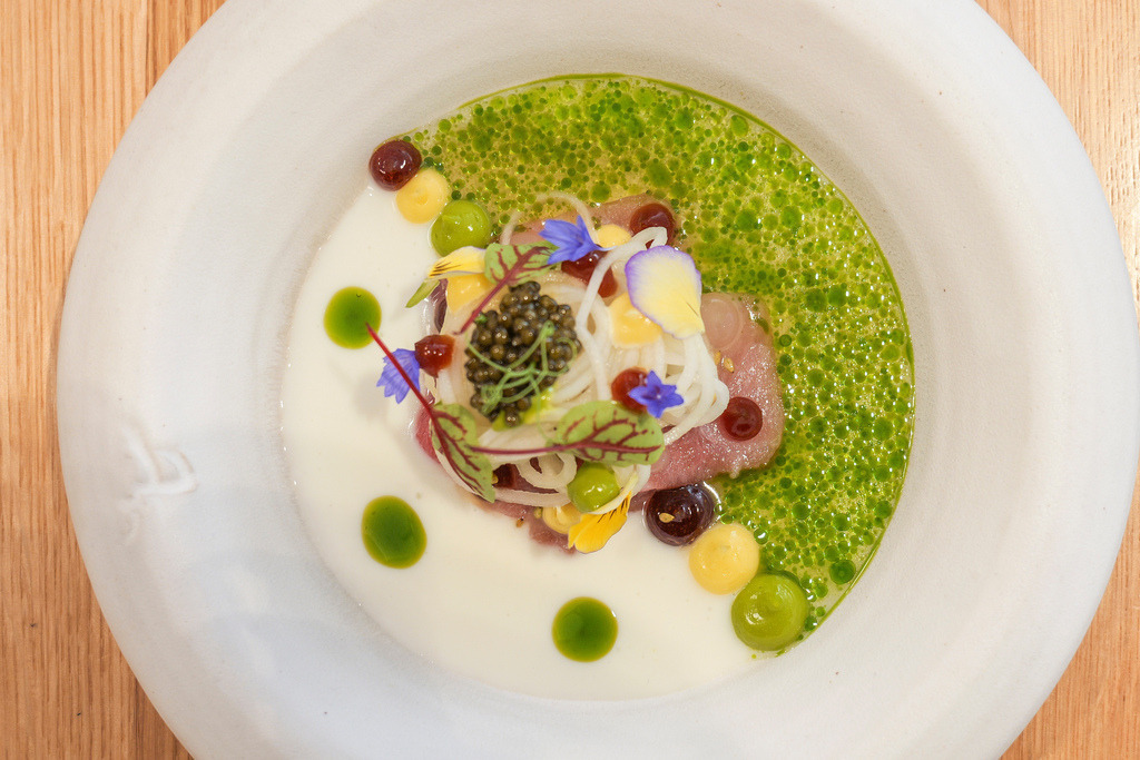 Philippins | Rutesheim - Gastro der Koch Tim Striegel mit den von ihm zubereiteten Speisen in dem kürzlich renovierten Café und der Konditorei Philippins. Im Bild: Balfego Thunfisch mit marinierte Kohlrabi, Wasabi Creme &amp; ponzu und Gurkensud - Realisiert mit Pictrs.com