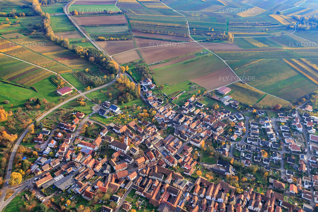 Luftbild: Dorfansicht aus Norden in Göcklingen im Bundesland Rheinland-Pfalz in Deutschland. Foto: IMG_085175.jpg vom 08.11.2015 durch Werner Riehm/FLY-FOTO.de