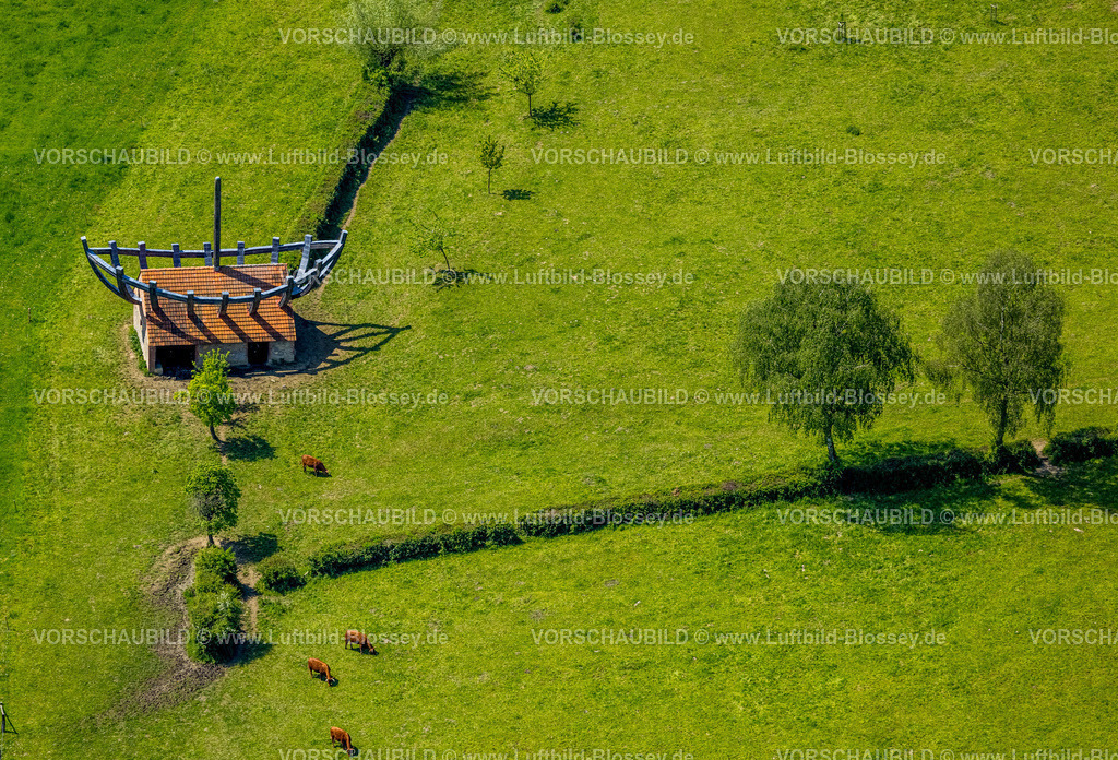 Nieheim240504627BootImHaus | Luftbild, Kuhstall auf einer Wiese mit Boot auf und im Haus als Kunstwerk vom Künstler Ilan Averbuch, NSG Naturschutzgebiet Hinnenburger Forst mit Emder Bachtal mit Wiesen und Feldern, Erwitzen, Nieheim, Ostwestfalen, Nordrhein-Westfalen, Deutschland
