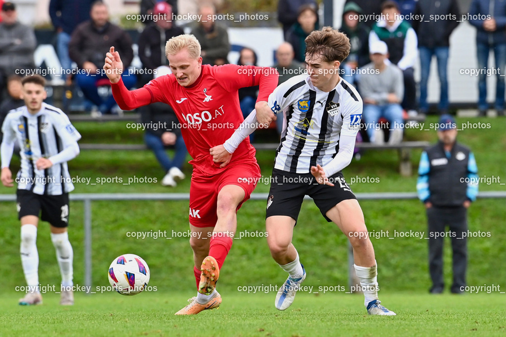 SVG Bleiburg vs. SAK 23.9.2023 | #6 Toni Dullnig SAK, #22 Marvin Maier SVG Bleiburg, SVG Bleiburg vs. SAK 23.9.2023, SVG Bleiburg vs. SAK am 23.09.2023 in Bleiburg (Karl Kornberger Stadion), Austria, (Photo by Bernd Stefan)
