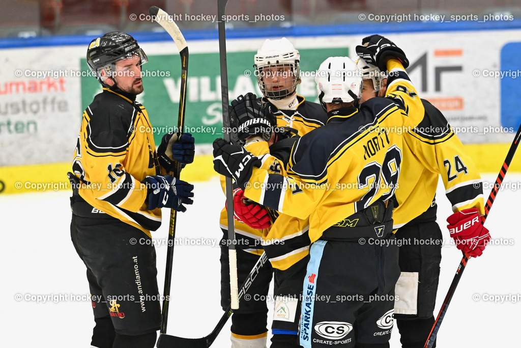 EC Kellerberg vs. EC Arnoldstein | #16 Rossmann Manuel EC Arnoldstein, #29 Moritz Daniel EC Arnoldstein, #24 Hadzic Eldin EC Arnoldstein, Jubel EC Kellerberg Mannschaft, Jubel #29 Moritz Daniel EC Arnoldstein, EC Kellerberg vs. EC Arnoldstein, EC Kellerberg vs. EC Arnoldstein am 31.01.2025 in Villach (Stadthalle Villach), Austria, (Photo by Bernd Stefan)