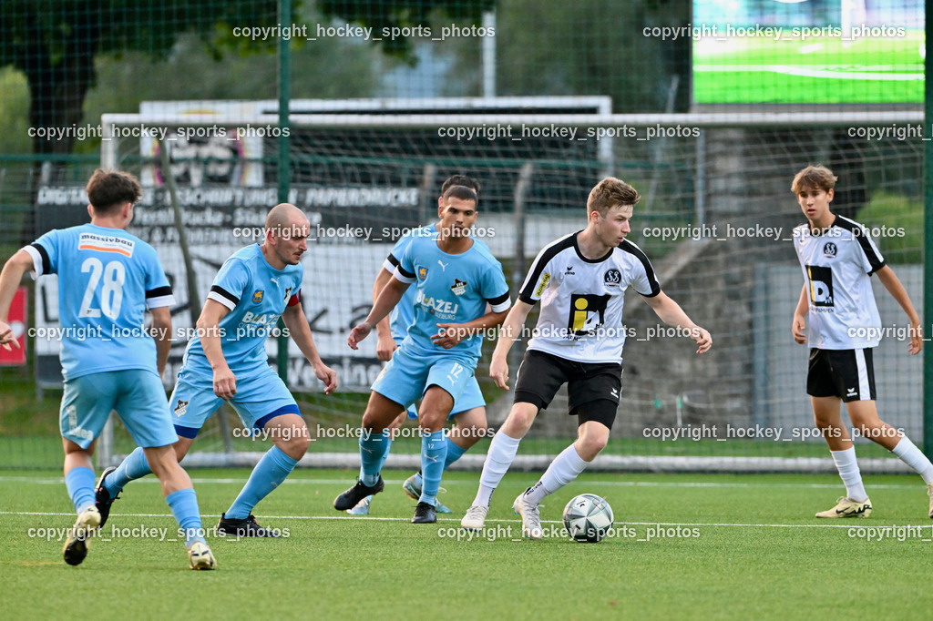 SV Spittal vs. SVG Bleiburg | #28 Deniz Yilmaz SVG Bleiburg, #6 Nikola Tolimir SVG Bleiburg, #12 Lazar Gacic SVG Bleiburg, #39 Fabian Hoi SV Spittal, #16 Moritz Müller SV Spittal, SV Spittal vs. SVG Bleiburg, SV Spittal vs. SVG Bleiburg am 14.08.2024 in Spittal an der Drau (Goldeck Stadion), Austria, (Photo by Bernd Stefan)