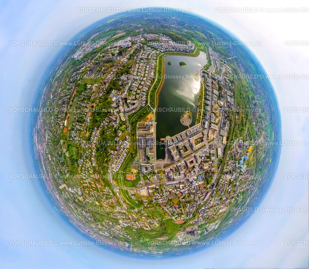 Dortmund240490005PhoenixSee | Luftbild, Phoenix-See, Wohngebiet und Naherholungsgebiet, umgeben von Wohn-Einfamilienhäusern und Geschäftshäusern, Wohnen und Leben, ehemaliges Stahlwerksareal Phoenix-Ost, Erdkugel, Fisheye Aufnahme, Fischaugen Aufnahme, 360 Grad Aufnahme, tiny world, little planet, fisheye Bild, Hörde, Dortmund, Ruhrgebiet, Nordrhein-Westfalen, Deutschland