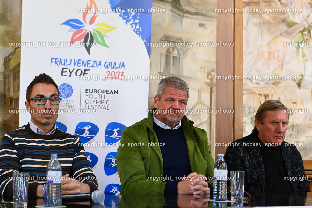 European Youth Olympic Festival EYOF 2023 Pressekonferenz | Stefano Mazzolini, Bürgermeister Spittal an der Drau Gerhard Köfer, Giorgio Brandolin