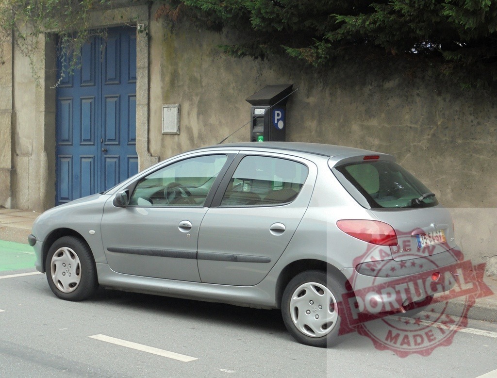 Peugeot 206 car parked on urban street next to meter | Gray Peugeot 206 hatchback parked on an urban street with a blue door and parking meter - Realized with Pictrs.com