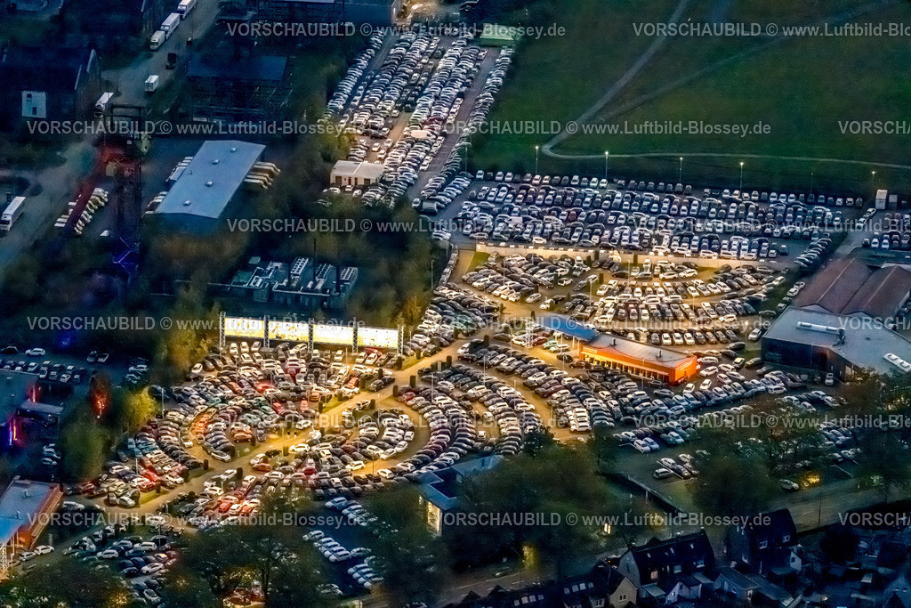 Hamm231103648Nacht | Luftbild, Nachtaufnahme, beleuchtetes Autohaus Potthoff Autohändler, kreisrunder Parkplatz für PKW, Bockum-Hövel, Hamm, Ruhrgebiet, Nordrhein-Westfalen, Deutschland