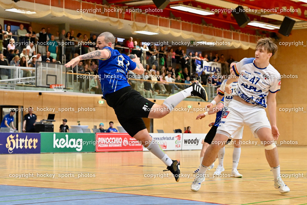 SC Ferlach vs. ALPLA HC Hard | #81 Milicevic Micha SC Ferlach, #47 FRITSCH Lukas SC Hard, SC Ferlach vs. ALPLA HC Hard, SC Ferlach vs. ALPLA HC Hard am 05.04.2025 in Ferlach (Ballspielhalle Ferlach), Austria, (Photo by Bernd Stefan)