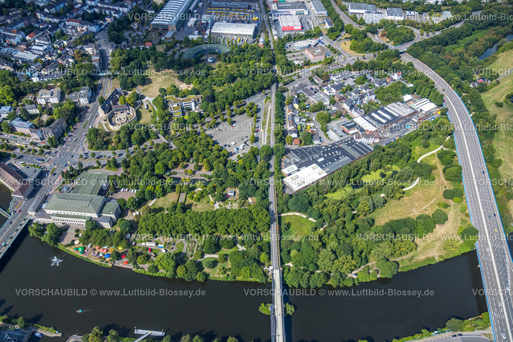 Muelheim220802339 | Luftbild, Stadthalle am Fluss Ruhr, Schloss Broich, MüGa - Mülheims Garten an der Ruhr, Broich - Ost, Mülheim an der Ruhr, Ruhrgebiet, Nordrhein-Westfalen, Deutschland