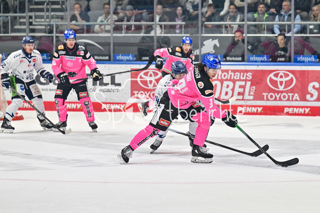 Augsburger Panther - Straubing Tigers | im Duell Travis St. DENIS (Straubing Tigers #74) und Riley DAMIANI (Augsburger Panther #19) / Zweikampf / DEL: Augsburger Panther - Straubing Tigers, Curt Frenzel Stadiom am 20.10.2024