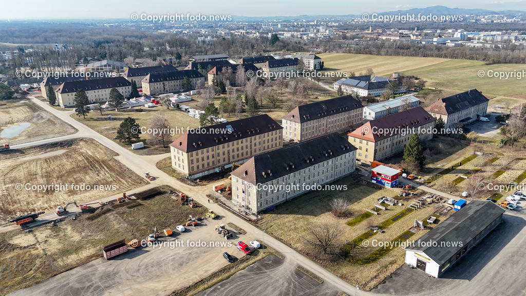 Kasernengelaende Ebelsberg_ Baustelle_ 15.02.2024-8 | 15.02.2024, Linz, AUT, Kasernengelaende Ebelsberg, im Bild Kasernengelaende Ebelsberg, Gebaeude, Heeresgebaeude, Baustelle, LKW, Bagger

Drohne