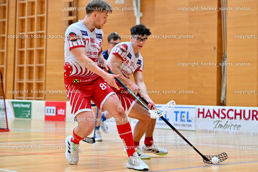 VSV Unihockye vs. KAC Floorball | #87 Fabian Grabner KAC Floorball, #28 Gabriel Lekas KAC Floorball, VSV Unihockye vs. KAC Floorball, VSV Unihockye vs. KAC Floorball am 13.04.2025 in Villach (Ballspielhalle St. Martin), Austria, (Photo by Bernd Stefan)