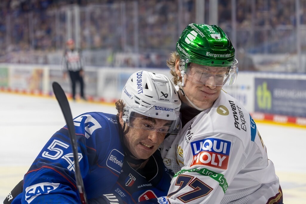 DEL, Deutsche Eishockey Liga Saison 2026/27, 2. Spieltag: Adler Mannheim gegen Eisbären Berlin | DEL, Deutsche Eishockey Liga Saison 2026/27, 2. Spieltag: Adler Mannheim gegen Eisbären Berlin***Gleich knallen sie in die Bande: Jeremie Poirier  (54, Mannheim) und Eric Hördler (77, Berlin) - Realisiert mit Pictrs.com