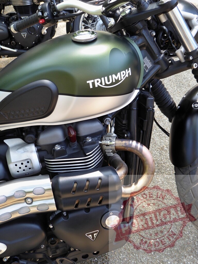Triumph motorcycle gas tank and engine gleaming in sunlight | Close-up of a Triumph motorcycle, highlighting the gas tank and engine details - Realized with Pictrs.com