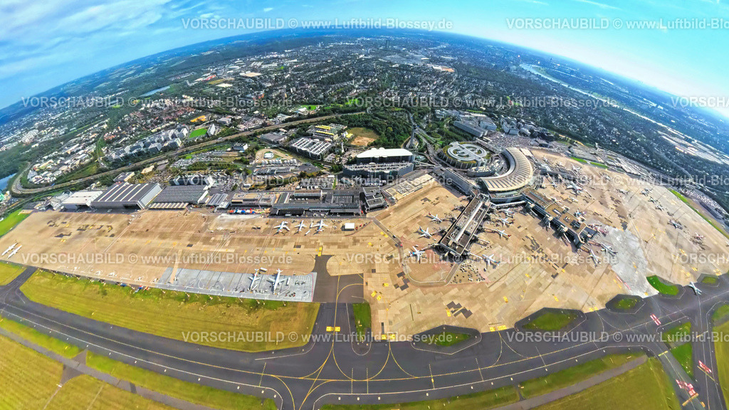 Duesseldorf250903793(4) | Luftbild, DUS Airport Flughafen Düsseldorf mit Empfangsgebäude und Gewerbegebiet DUS Airport-City, Erdkugel, Fisheye Aufnahme, Fischaugen Aufnahme, 360 Grad Aufnahme, tiny world, little planet, fisheye Bild, Unterrath, Düsseldorf, Ruhrgebiet, Nordrhein-Westfalen, Deutschland