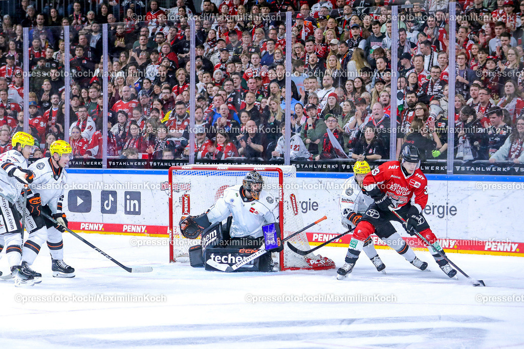 Koe16022401056 | 16.02.2024, Köln, Eishockey, Penny DEL, 46. Spieltag, Lanxess-Arena, Kölner Haie - Löwen Frankfurt: Tim Wohlgemuth (Kölner Haie) neben dem Tor von Torhüter Julius Hudacek (Löwen Frankfurt) vor vollen Zuschauerrängen auf der Tribüne