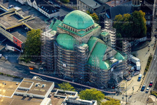 Essen241001020 | Luftbild, Andachtsstätte Alte Synagoge, Kulturzentrum zur jüdischen Geschichte, Gebäude mit Dachsanierung und Fassadensanierung, Edmund-Körner-Platz, Stadtkern, Essen, Ruhrgebiet, Nordrhein-Westfalen, Deutschland