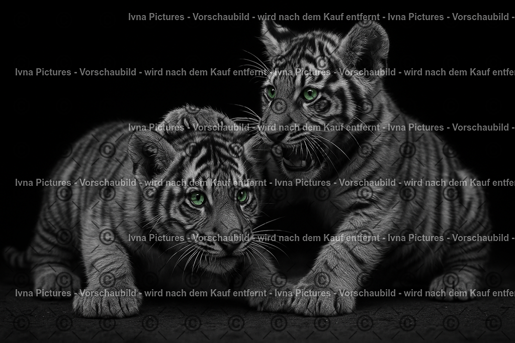 Spiel der kleinen Streifenjäger | Zwei junge Tigerbabys tollen miteinander, ihre leuchtend grünen Augen voller Neugier und Energie. Während eines frech die Pfote auf den Kopf des anderen legt, zeigt das zweite ein spielerisches Knurren – ein lebendiger Moment aus kindlicher Wildheit und Geschwisterspaß. - Realisiert mit Pictrs.com