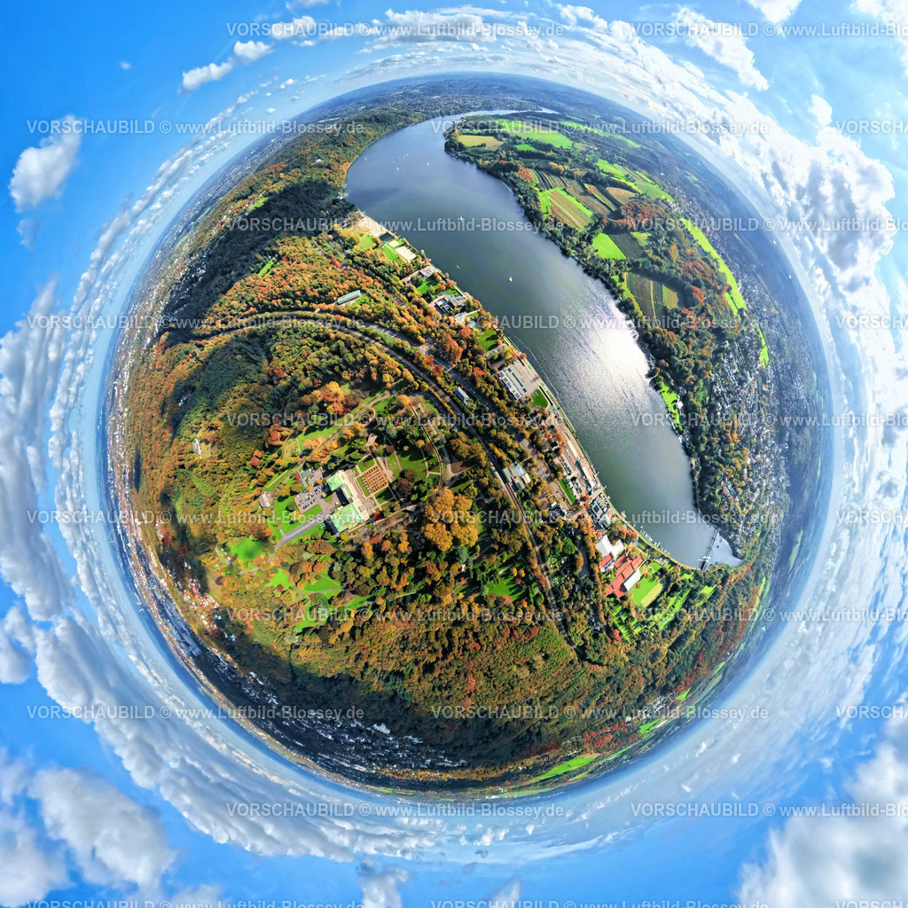 Essen251002979Sued | Luftbild, Villa Hügel und Hügelpark mit herbstlichem Kruppwald, ehemaliges Wohnhaus der Industriellenfamilie Krupp, Baldeneysee und Seaside Beach Baldeney Strand, Erdkugel, Fisheye Aufnahme, Fischaugen Aufnahme, 360 Grad Aufnahme, tiny world, little planet, fisheye Bild, Bredeney, Essen, Ruhrgebiet, Nordrhein-Westfalen, Deutschland