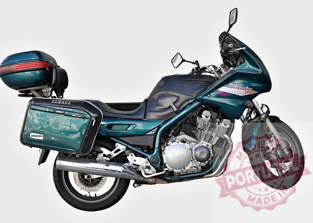 Touring Motorcycle with Luggage and Windshield Display | Yamaha motorcycle equipped for long-distance travel with side luggage - Realized with Pictrs.com