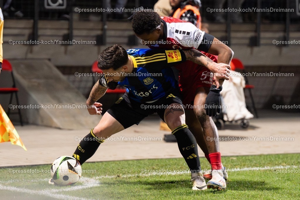 xYDR2802250101057 | 28.02.2025, xydrx, Fußball, Viktoria Köln - 1.FC Saarbrücken, 3.Liga, Sportpark Höhenberg, Saison 2024 2025: Calogero Rizzuto (1.FC Saarbrücken #7) im Zweikampf mit Sidny Lopes Cabral (Viktoria Köln #5). DFB regulations prohibit any use of photographs as image sequences and or quasi-video.