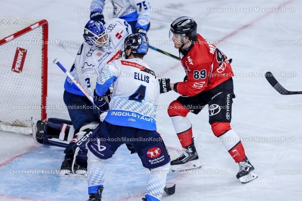 KEC1404251101 | 14.04.2025, Eishockey, DEL Play-offs, Kölner Haie - ERC Ingolstadt, Halbfinale Spiel 6, Lanxess-Arena Köln: Torschütze Gregor MacLeod (Kölner Haie #89) trifft das Tor zum 2:2 Ausgleich 