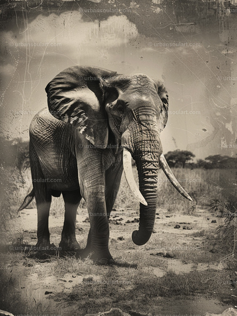 Vintage Majestic Elephant Walking | The "Vintage Majestic Walking Elephant" piece exudes elegance with its aged, sepia-toned effect. Highlighting the grandeur of an elephant in the wild, this art adds a classic and powerful statement to your decor, ideal for safari-themed spaces. - Realisiert mit Pictrs.com