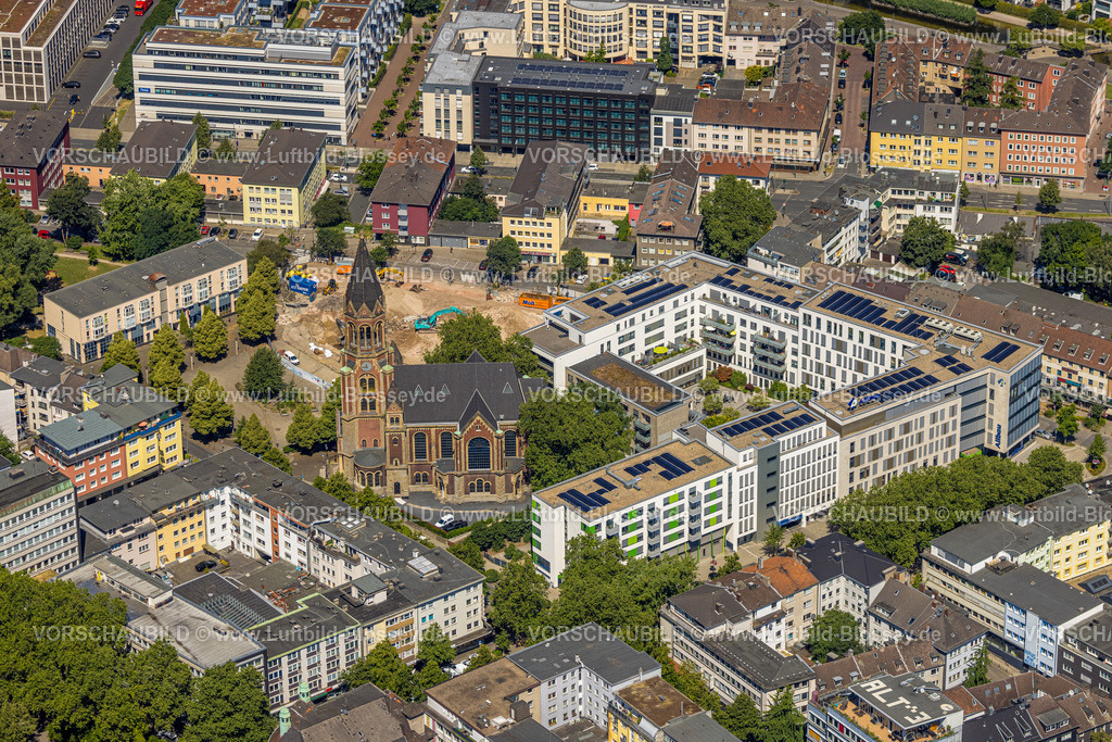 Essen230703077 | Luftbild, Evang. Kreuzeskirche, Kastanienhöfe Quartier, Stadtkern, Essen, Ruhrgebiet, Nordrhein-Westfalen, Deutschland