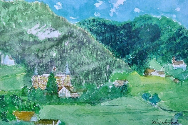 L1090527 | Landschaftsaquarell Jugendstilhotel Paxmontana, Flüeli, Kapelle, watercolurs by Paul Townend - Realisiert mit Pictrs.com