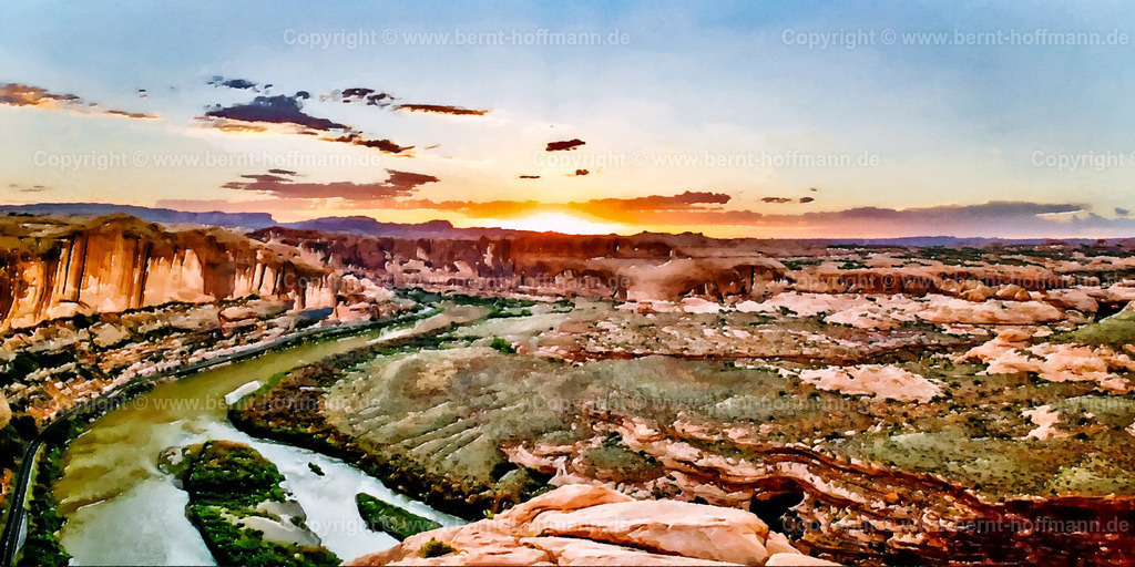 PAD2_FD_Colorado-River_180x90 | DIGITALKUNST. Colorado River. __ Moab in Utah. Blick von Hells Revenge über den Colorado River in den Arches National Park. __ Das Basisfoto für dieses malerisch verwandelte Werk hat der Wahl-Amerikaner Frank Döpke gemacht und es Bernt Hoffmann für dessen Kunstpart zur Verfügung gestellt. __ Seitenverhältnis = 2 zu 1 - Realisiert mit Pictrs.com