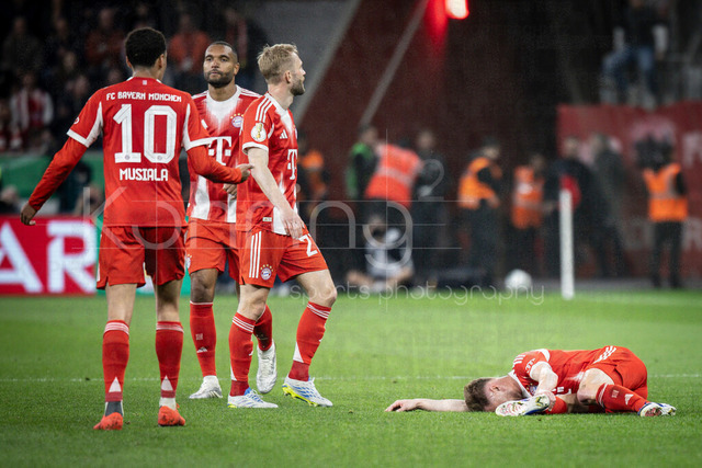 DFB Cup semifinal match Bayer 04 Leverkusen vs. FC Bayern Munich, 22.04.2026 | LEVERKUSEN, GERMANY - APRIL 22, 2026:  Joshua Kimmich (FC Bayern Muenchen, 6) has been fouled during the German DFB Cup semifinal match between Bayer 04 Leverkusen vs. FC Bayern Munich at BayArena on April 22, 2026 in Leverkusen, Germany. DFL REGULATIONS PROHIBIT ANY USE OF PHOTOGRAPHS AS IMAGE SEQUENCES AND/OR QUASI-VIDEO.