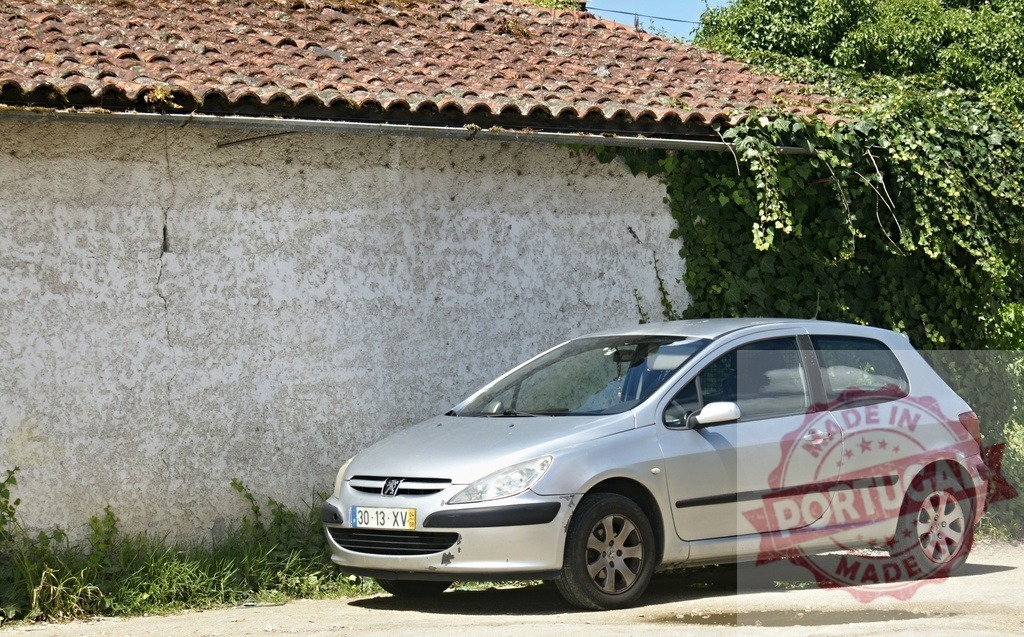 Silver Peugeot 307 hatchback parked by old building wall | Silver hatchback car parked outdoors next to a rustic wall with vines, under a clay tile roof - Realized with Pictrs.com