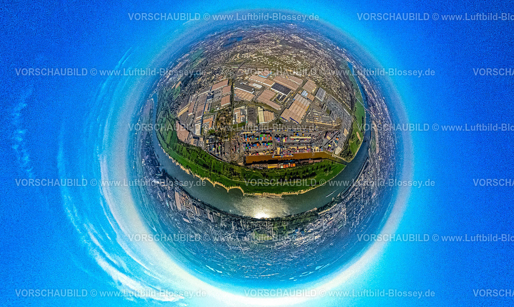 Duisburg250490014Logport1Rheinhausen | Luftbild, duisport Hafen, logport I Rheinhausen, logport 1, Containerhafen, Duisburg Hafen D3T Duisburg Trimodal Terminal, AutomobilLogistik, Erdkugel, Fisheye Aufnahme, Fischaugen Aufnahme, 360 Grad Aufnahme, tiny world, little planet, fisheye Bild, Hüttenheim, Duisburg, Ruhrgebiet, Nordrhein-Westfalen, Deutschland