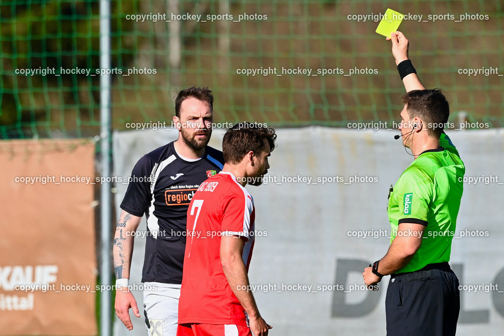 FC Gmünd vs. FC KAC 1909 22.4.2023 | #7 Jakob Orgonyi, #8 Udo Gasser, Treffer Patrick Referee, Gelbe Karte