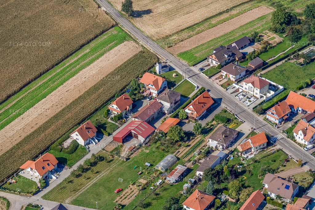 Aerial view: Rte de Salmbach in Niederlauterbach in the state Bas-Rhin, France. – Photo: IMG_13566.jpg taken on 09/28/2008 by Werner Riehm/FLY-FOTO.com – Resolution of the original: 3456 x 2304 px