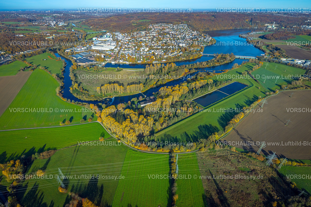 Wetter251104067 | Luftbild, Wohngebiet Ortsansicht Ortsteil Wetter, Ardeygebirge mit Herbstwald, Obergraben und Wasserwerk Volmarstein, herbstliche Bäume, Wetter, Ruhrgebiet, Nordrhein-Westfalen, Deutschland