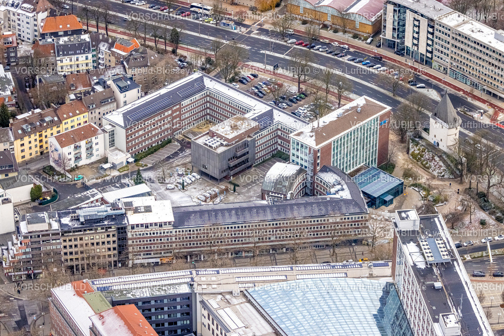 Dortmund221202130 | Luftbild, DEW21 Dortmunder Energie- und Wasserversorgung GmbH, schneebedeckt, City, Dortmund, Ruhrgebiet, Nordrhein-Westfalen, Deutschland