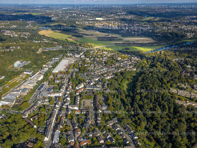 Essen241004862 | Luftbild, Ortsansicht Ortsteil Rellinghausen, Gewerbegebiet Frankenstraße, Albert-Einstein-Realschule, hinten Fluss Ruhr und Wassergewinnung Essen GmbH, Rellinghausen, Essen, Ruhrgebiet, Nordrhein-Westfalen, Deutschland