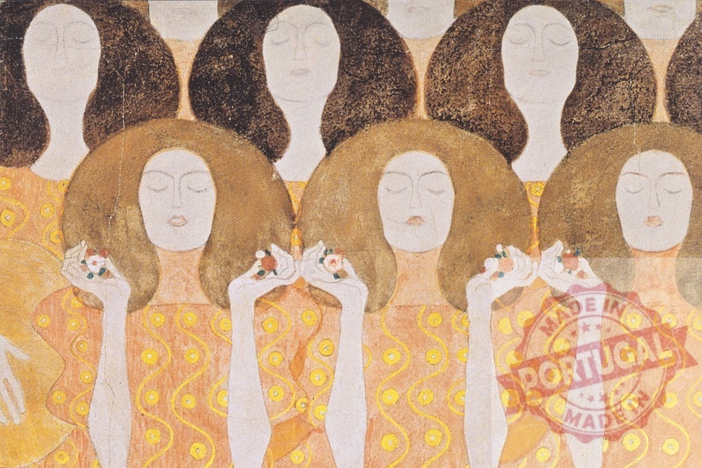 Gustav klimt Gustav Klimt Beethoven Frieze yearning for happiness | Gustav Klimt painting depicting stylized women with closed eyes holding small flowers - Realized with Pictrs.com