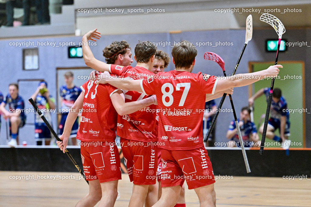 KAC Floorball vs. VSV Unihockey | Jubel KAC Floorball Mannschaft, #87 Fabian Grabner KAC Floorball, #29 Sebastian Flaschberger KAC Floorball, #93 Marcel Gappmayer KAC Floorball, KAC Floorball vs. VSV Unihockey, KAC Floorball vs. VSV Unihockey am 21.03.2026 in Klagenfurt (Ballspielhalle Waidmannsdorf), Austria, (Photo by Bernd Stefan)