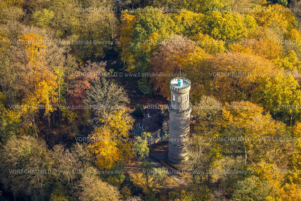 Witten231100983 | Luftbild, Renovierter Helenenturm mit Aussichtsplattform im Herbstwald mit Laubbäumen mit leuchtenden Herbstfarben, Witten, Ruhrgebiet, Nordrhein-Westfalen, Deutschland