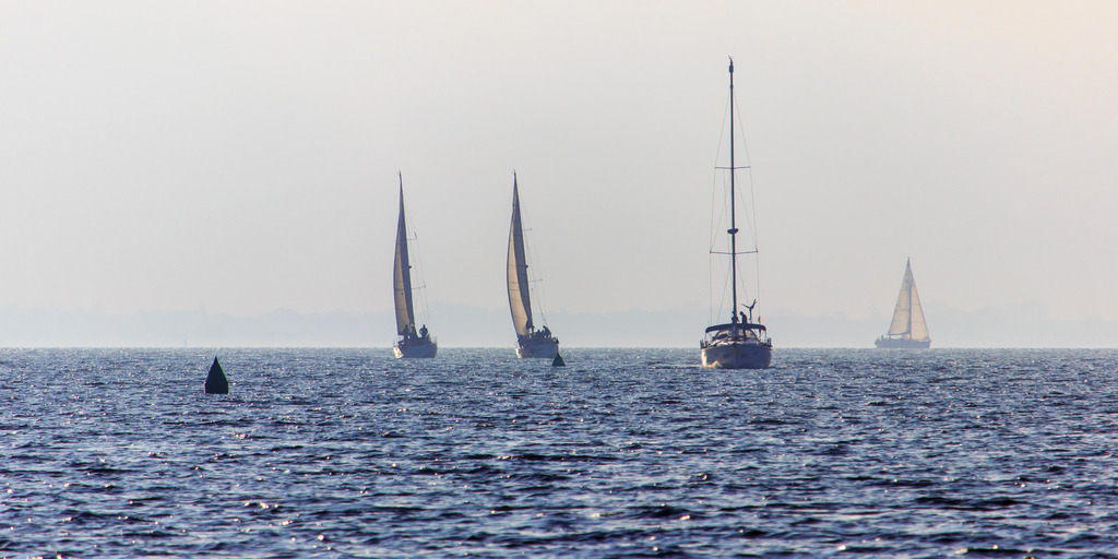 Panorama Wandbild: Segelboote auf der Ostsee vor Fehmarn | Dieses Wandbild im Panoramaformat zeigt vier Segelboote auf der Ostsee in einer schönen morgendlichen Lichtstimmung. Die Segelboote wurden vom Hafen in Orth auf Fehmarn aufgenommen. - Realisiert mit Pictrs.com